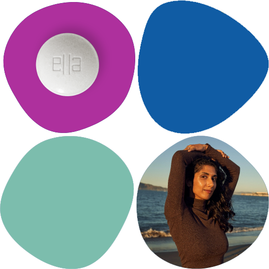 Four different color circles with a woman on a beach and an ella emergency contraceptive pill